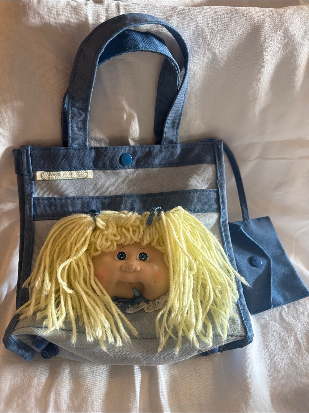 Vintage kids purse - Blue Cabbage Patch Style Doll Tote with Yellow Yarn Hair